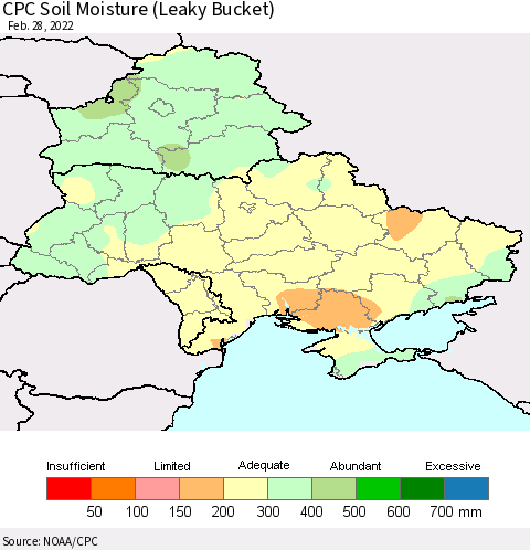 Ukraine, Moldova and Belarus CPC Soil Moisture (Leaky Bucket) Thematic Map For 2/26/2022 - 2/28/2022