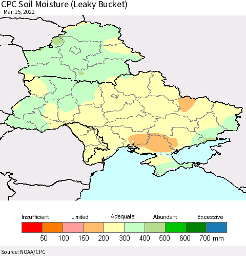 Ukraine, Moldova and Belarus CPC Soil Moisture (Leaky Bucket) Thematic Map For 3/11/2022 - 3/15/2022