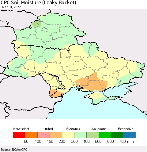 Ukraine, Moldova and Belarus CPC Calculated Soil Moisture (Leaky Bucket) Thematic Map For 3/26/2022 - 3/31/2022
