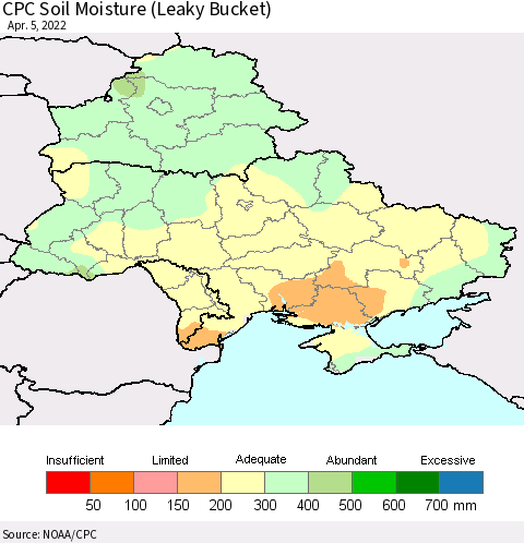 Ukraine, Moldova and Belarus CPC Calculated Soil Moisture (Leaky Bucket) Thematic Map For 4/1/2022 - 4/5/2022