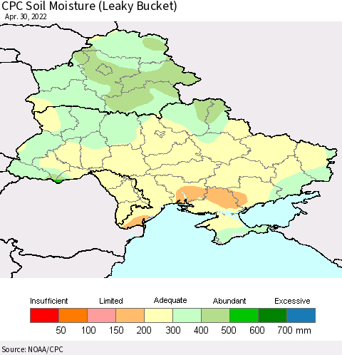 Ukraine, Moldova and Belarus CPC Soil Moisture (Leaky Bucket) Thematic Map For 4/26/2022 - 4/30/2022