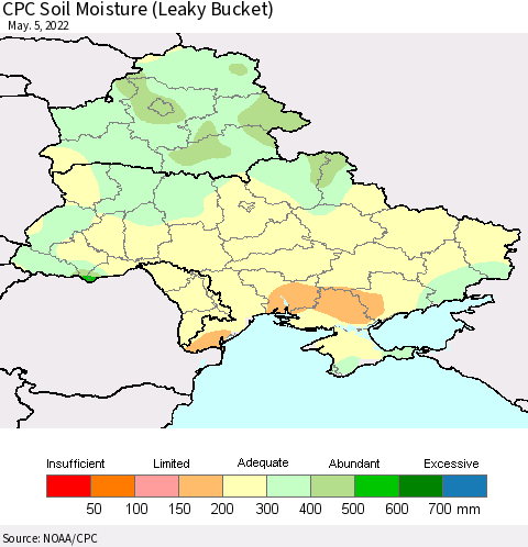 Ukraine, Moldova and Belarus CPC Calculated Soil Moisture (Leaky Bucket) Thematic Map For 5/1/2022 - 5/5/2022