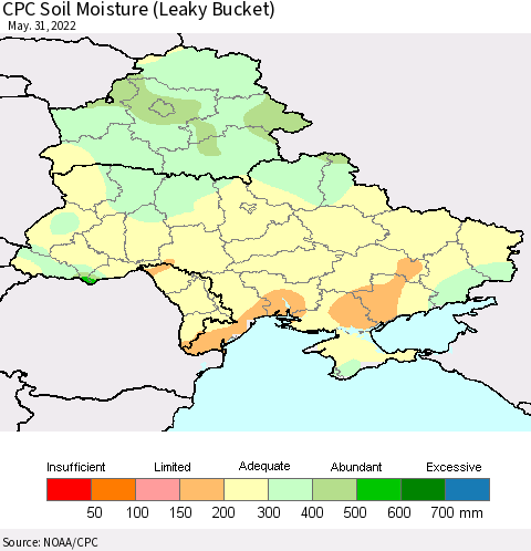 Ukraine, Moldova and Belarus CPC Calculated Soil Moisture (Leaky Bucket) Thematic Map For 5/26/2022 - 5/31/2022