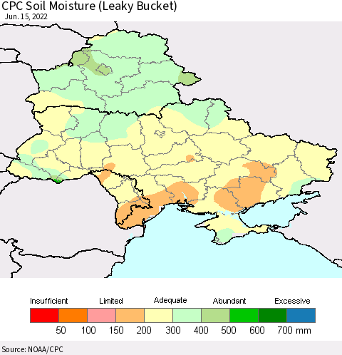 Ukraine, Moldova and Belarus CPC Calculated Soil Moisture (Leaky Bucket) Thematic Map For 6/11/2022 - 6/15/2022