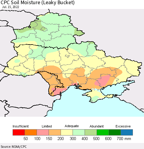 Ukraine, Moldova and Belarus CPC Calculated Soil Moisture (Leaky Bucket) Thematic Map For 7/11/2022 - 7/15/2022
