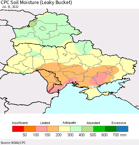 Ukraine, Moldova and Belarus CPC Soil Moisture (Leaky Bucket) Thematic Map For 7/26/2022 - 7/31/2022