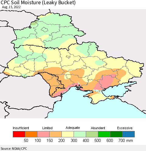 Ukraine, Moldova and Belarus CPC Calculated Soil Moisture (Leaky Bucket) Thematic Map For 8/11/2022 - 8/15/2022