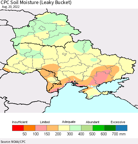 Ukraine, Moldova and Belarus CPC Soil Moisture (Leaky Bucket) Thematic Map For 8/16/2022 - 8/20/2022