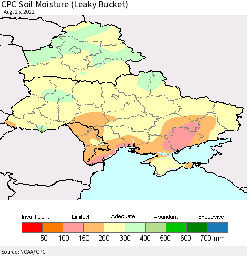 Ukraine, Moldova and Belarus CPC Calculated Soil Moisture (Leaky Bucket) Thematic Map For 8/21/2022 - 8/25/2022