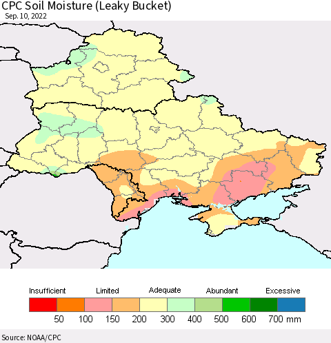 Ukraine, Moldova and Belarus CPC Calculated Soil Moisture (Leaky Bucket) Thematic Map For 9/6/2022 - 9/10/2022