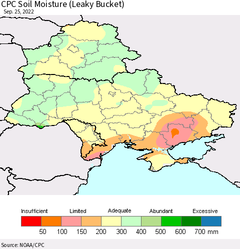 Ukraine, Moldova and Belarus CPC Calculated Soil Moisture (Leaky Bucket) Thematic Map For 9/21/2022 - 9/25/2022