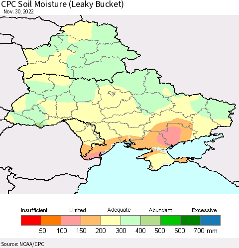 Ukraine, Moldova and Belarus CPC Calculated Soil Moisture (Leaky Bucket) Thematic Map For 11/26/2022 - 11/30/2022