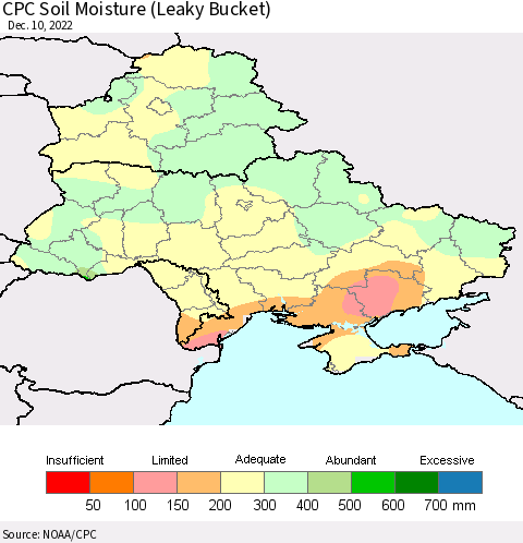 Ukraine, Moldova and Belarus CPC Calculated Soil Moisture (Leaky Bucket) Thematic Map For 12/6/2022 - 12/10/2022