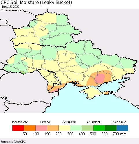 Ukraine, Moldova and Belarus CPC Soil Moisture (Leaky Bucket) Thematic Map For 12/11/2022 - 12/15/2022