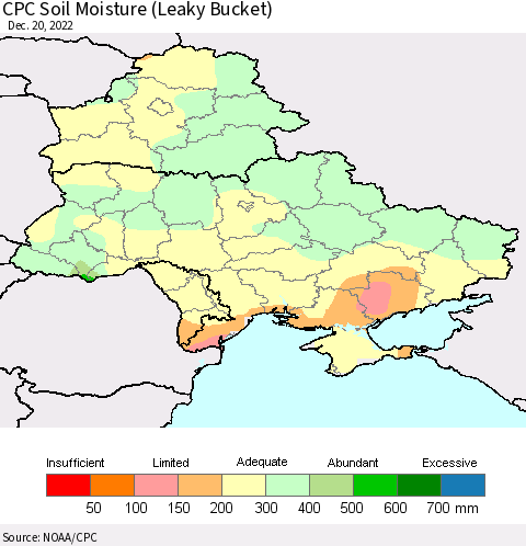 Ukraine, Moldova and Belarus CPC Calculated Soil Moisture (Leaky Bucket) Thematic Map For 12/16/2022 - 12/20/2022