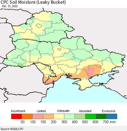 Ukraine, Moldova and Belarus CPC Calculated Soil Moisture (Leaky Bucket) Thematic Map For 12/26/2022 - 12/31/2022