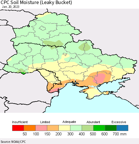 Ukraine, Moldova and Belarus CPC Soil Moisture (Leaky Bucket) Thematic Map For 1/16/2023 - 1/20/2023