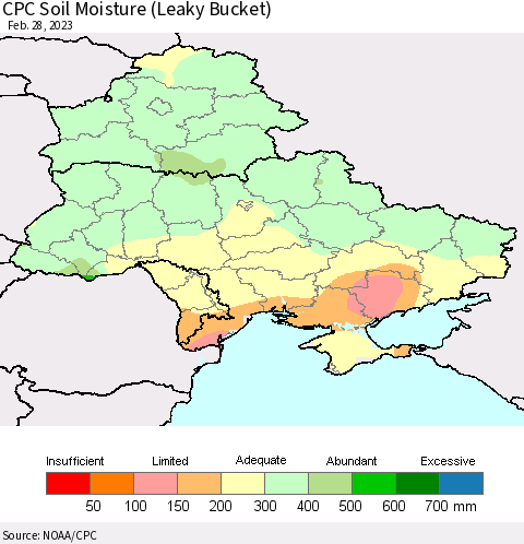 Ukraine, Moldova and Belarus CPC Soil Moisture (Leaky Bucket) Thematic Map For 2/26/2023 - 2/28/2023