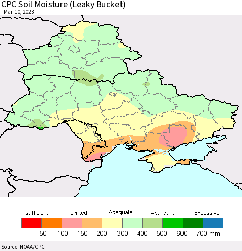 Ukraine, Moldova and Belarus CPC Soil Moisture (Leaky Bucket) Thematic Map For 3/6/2023 - 3/10/2023