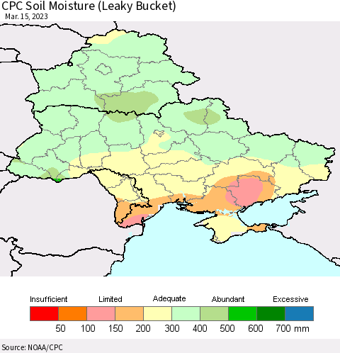 Ukraine, Moldova and Belarus CPC Soil Moisture (Leaky Bucket) Thematic Map For 3/11/2023 - 3/15/2023