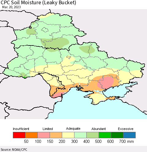 Ukraine, Moldova and Belarus CPC Soil Moisture (Leaky Bucket) Thematic Map For 3/16/2023 - 3/20/2023