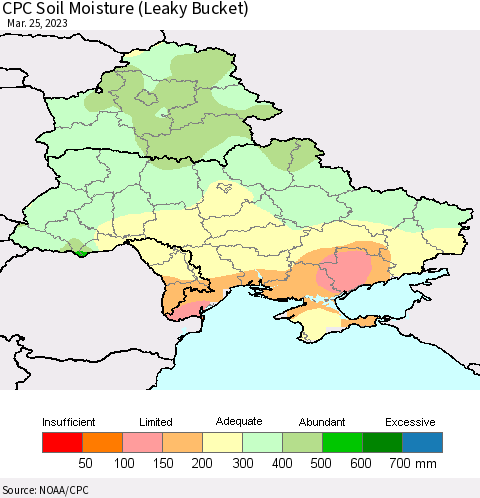 Ukraine, Moldova and Belarus CPC Soil Moisture (Leaky Bucket) Thematic Map For 3/21/2023 - 3/25/2023
