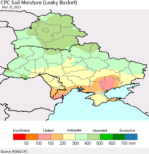 Ukraine, Moldova and Belarus CPC Soil Moisture (Leaky Bucket) Thematic Map For 3/26/2023 - 3/31/2023