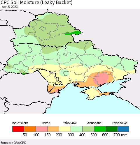 Ukraine, Moldova and Belarus CPC Soil Moisture (Leaky Bucket) Thematic Map For 4/1/2023 - 4/5/2023
