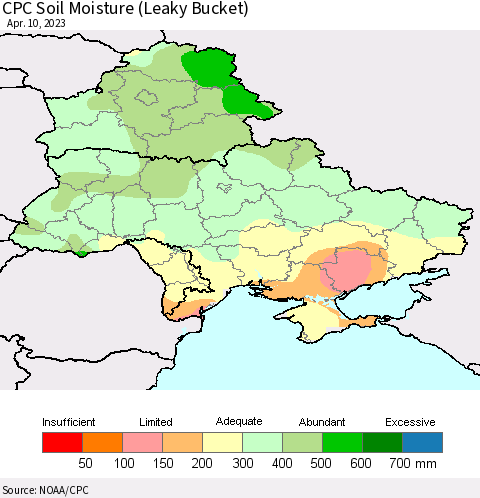 Ukraine, Moldova and Belarus CPC Soil Moisture (Leaky Bucket) Thematic Map For 4/6/2023 - 4/10/2023