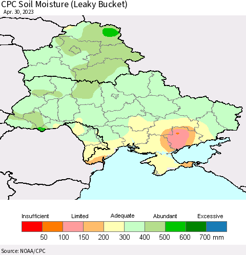 Ukraine, Moldova and Belarus CPC Soil Moisture (Leaky Bucket) Thematic Map For 4/26/2023 - 4/30/2023