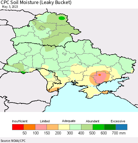 Ukraine, Moldova and Belarus CPC Soil Moisture (Leaky Bucket) Thematic Map For 5/1/2023 - 5/5/2023