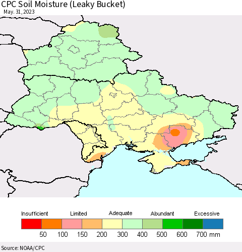 Ukraine, Moldova and Belarus CPC Soil Moisture (Leaky Bucket) Thematic Map For 5/26/2023 - 5/31/2023