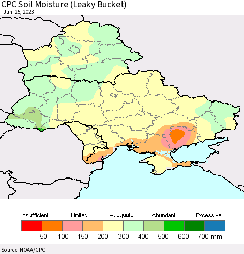 Ukraine, Moldova and Belarus CPC Soil Moisture (Leaky Bucket) Thematic Map For 6/21/2023 - 6/25/2023