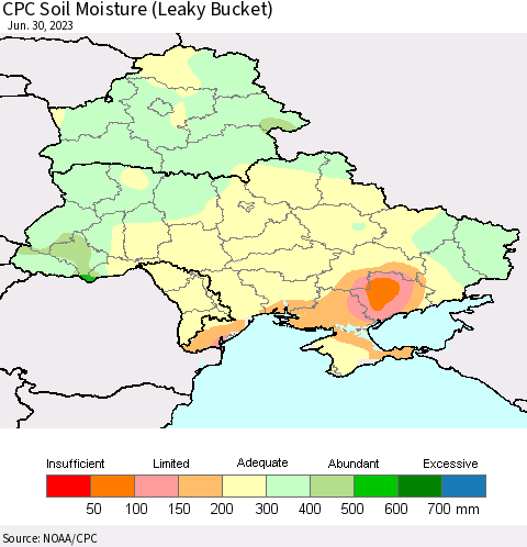 Ukraine, Moldova and Belarus CPC Soil Moisture (Leaky Bucket) Thematic Map For 6/26/2023 - 6/30/2023