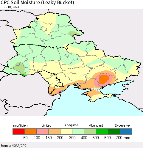 Ukraine, Moldova and Belarus CPC Soil Moisture (Leaky Bucket) Thematic Map For 7/6/2023 - 7/10/2023