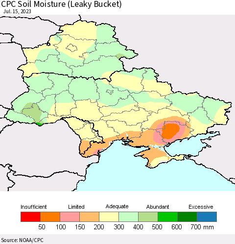 Ukraine, Moldova and Belarus CPC Soil Moisture (Leaky Bucket) Thematic Map For 7/11/2023 - 7/15/2023