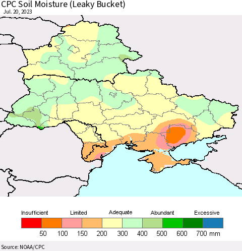 Ukraine, Moldova and Belarus CPC Soil Moisture (Leaky Bucket) Thematic Map For 7/16/2023 - 7/20/2023