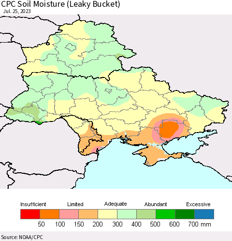 Ukraine, Moldova and Belarus CPC Soil Moisture (Leaky Bucket) Thematic Map For 7/21/2023 - 7/25/2023