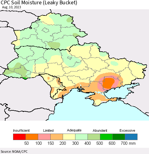 Ukraine, Moldova and Belarus CPC Soil Moisture (Leaky Bucket) Thematic Map For 8/6/2023 - 8/10/2023
