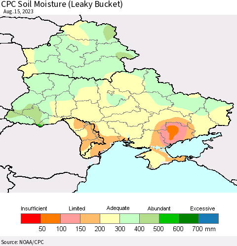 Ukraine, Moldova and Belarus CPC Soil Moisture (Leaky Bucket) Thematic Map For 8/11/2023 - 8/15/2023