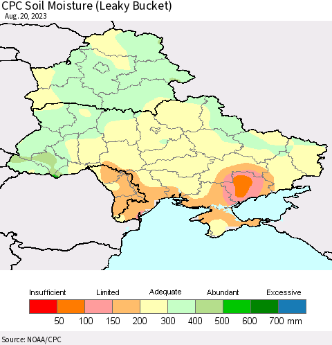 Ukraine, Moldova and Belarus CPC Soil Moisture (Leaky Bucket) Thematic Map For 8/16/2023 - 8/20/2023