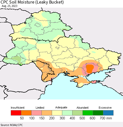 Ukraine, Moldova and Belarus CPC Soil Moisture (Leaky Bucket) Thematic Map For 8/21/2023 - 8/25/2023