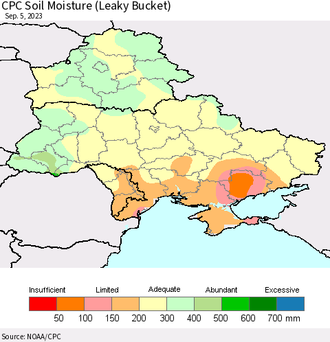 Ukraine, Moldova and Belarus CPC Soil Moisture (Leaky Bucket) Thematic Map For 9/1/2023 - 9/5/2023