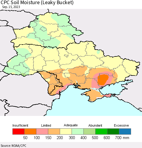 Ukraine, Moldova and Belarus CPC Soil Moisture (Leaky Bucket) Thematic Map For 9/11/2023 - 9/15/2023