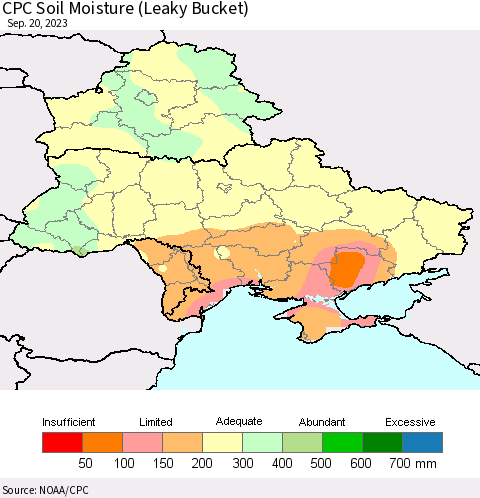 Ukraine, Moldova and Belarus CPC Soil Moisture (Leaky Bucket) Thematic Map For 9/16/2023 - 9/20/2023