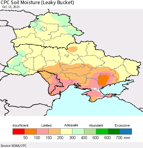 Ukraine, Moldova and Belarus CPC Soil Moisture (Leaky Bucket) Thematic Map For 10/11/2023 - 10/15/2023