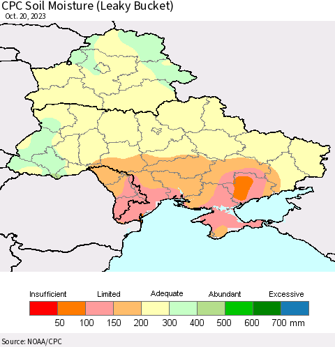 Ukraine, Moldova and Belarus CPC Soil Moisture (Leaky Bucket) Thematic Map For 10/16/2023 - 10/20/2023