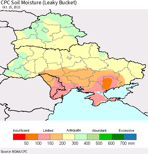 Ukraine, Moldova and Belarus CPC Soil Moisture (Leaky Bucket) Thematic Map For 10/21/2023 - 10/25/2023