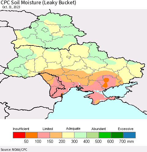 Ukraine, Moldova and Belarus CPC Soil Moisture (Leaky Bucket) Thematic Map For 10/26/2023 - 10/31/2023