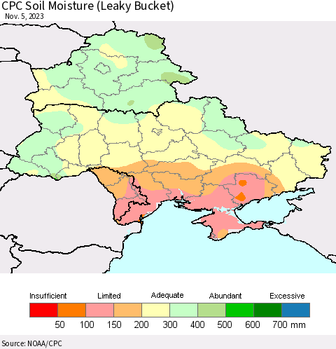 Ukraine, Moldova and Belarus CPC Soil Moisture (Leaky Bucket) Thematic Map For 11/1/2023 - 11/5/2023